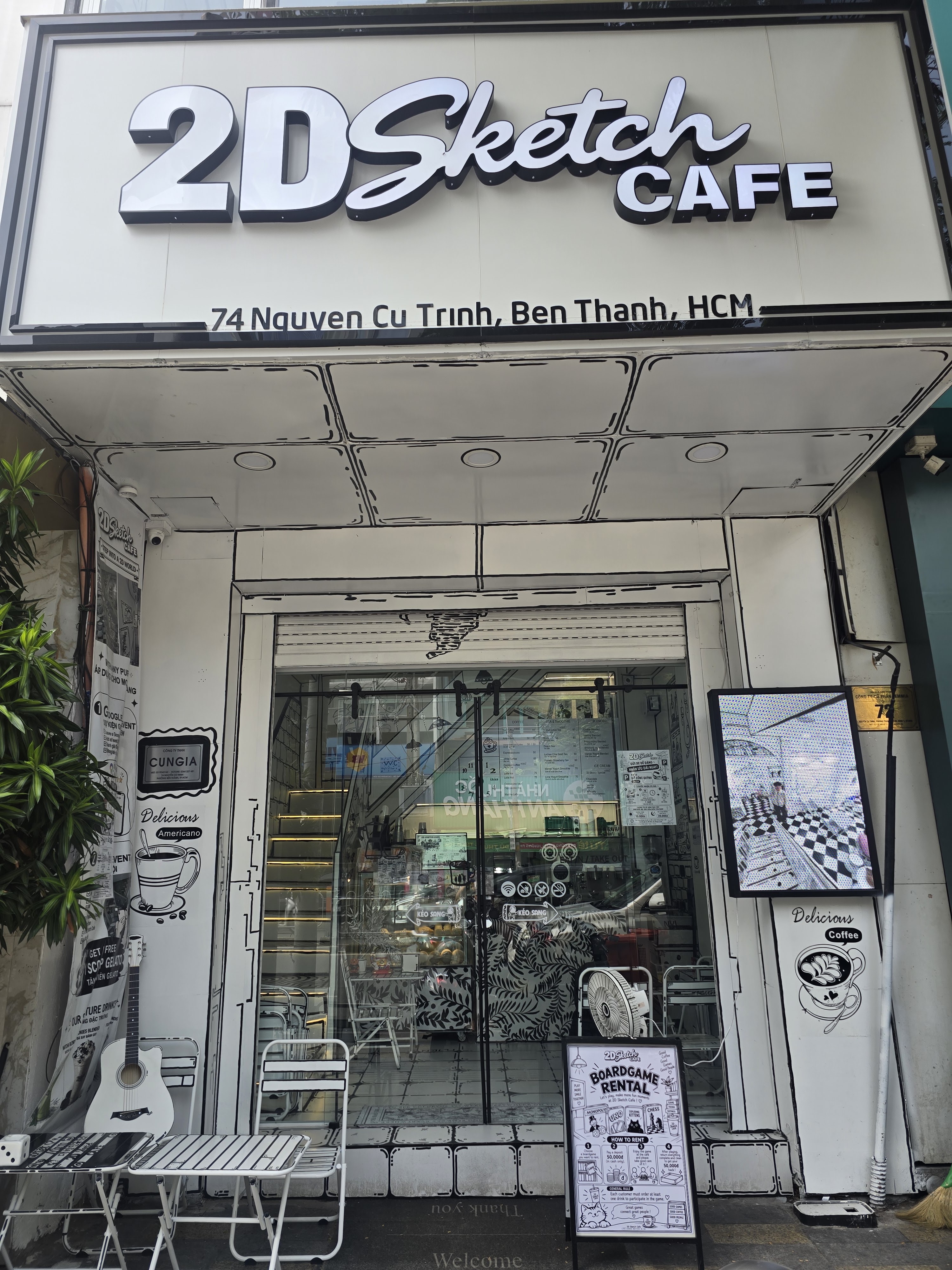 2D 스케치 카페의 손으로 그린 파사드