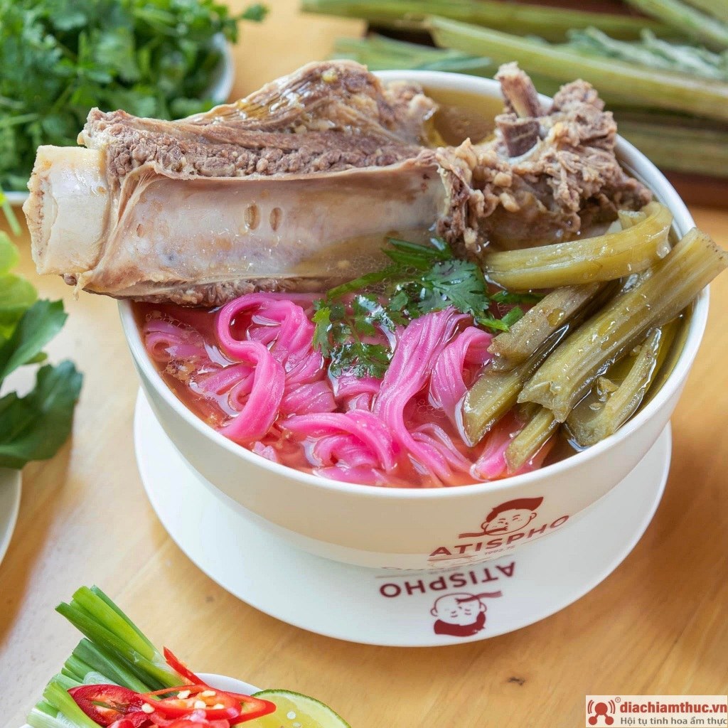 The artichoke beef pho — beef, pink noodles, the ATISPHO bowl