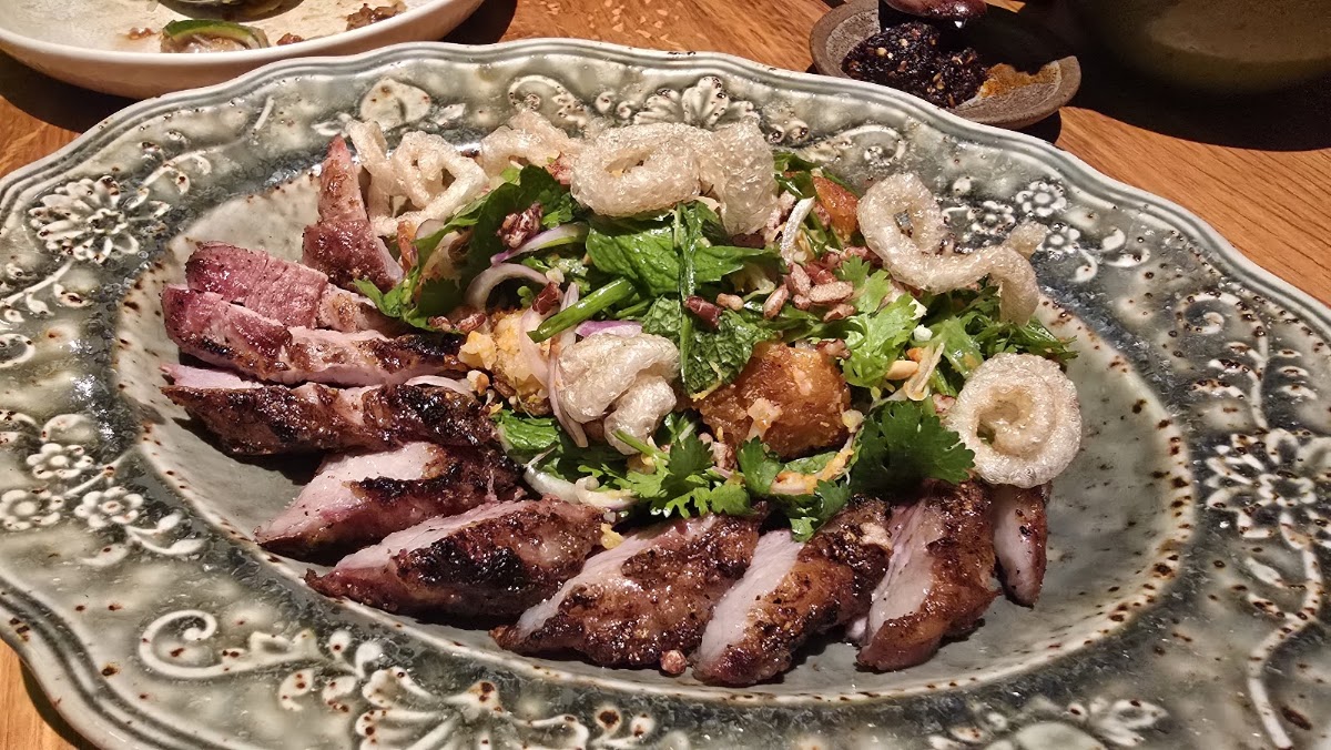 Sliced grilled meat with herb salad