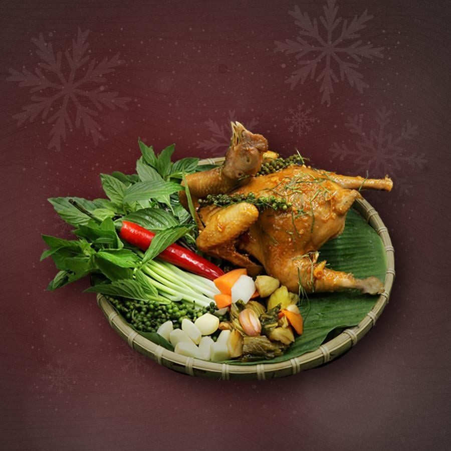 Herb-roasted chicken in a bamboo basket