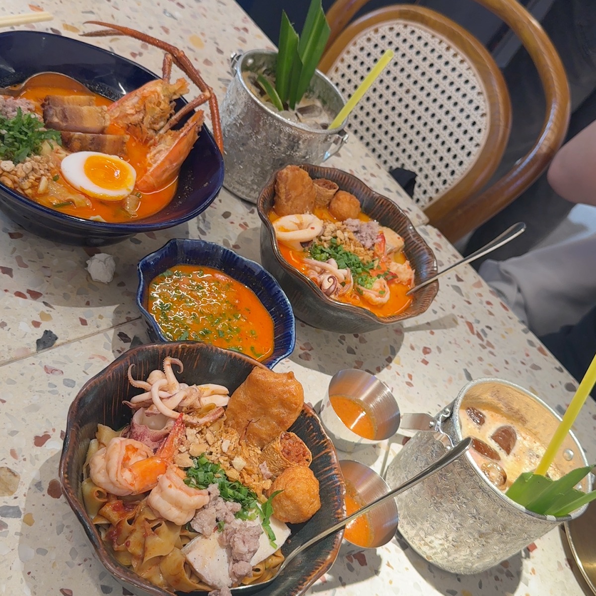 Assorted noodle bowls, seen from above