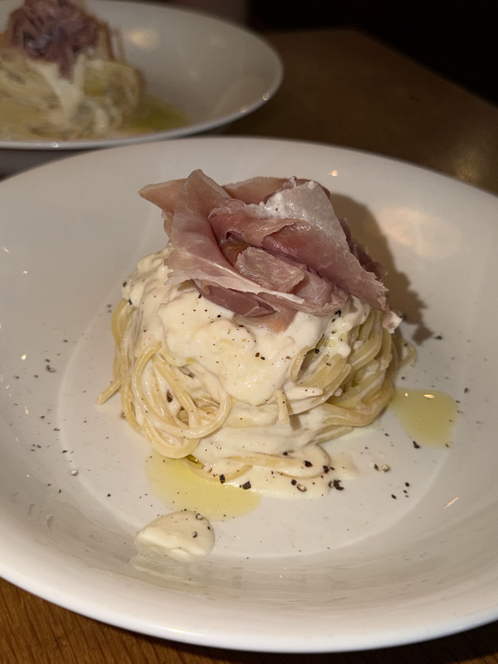 A close-up of the creamy spaghetti