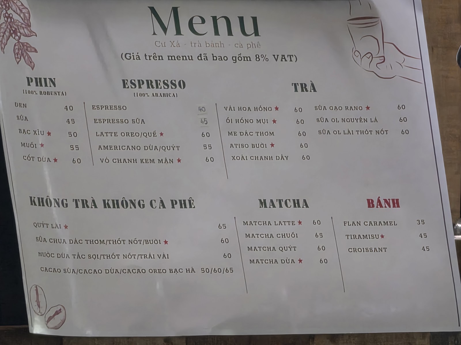 Bảng menu in của CƯ XÁ — ảnh chụp 06/2026
