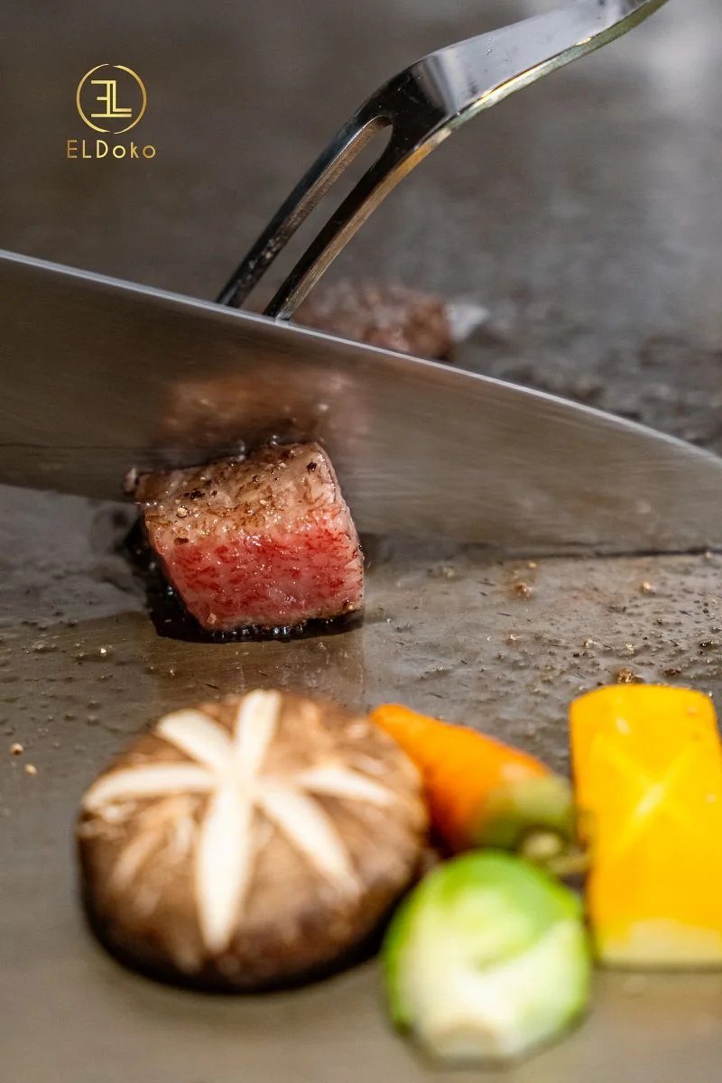 Wagyu cube seared on the teppan with shiitake, carrot and greens
