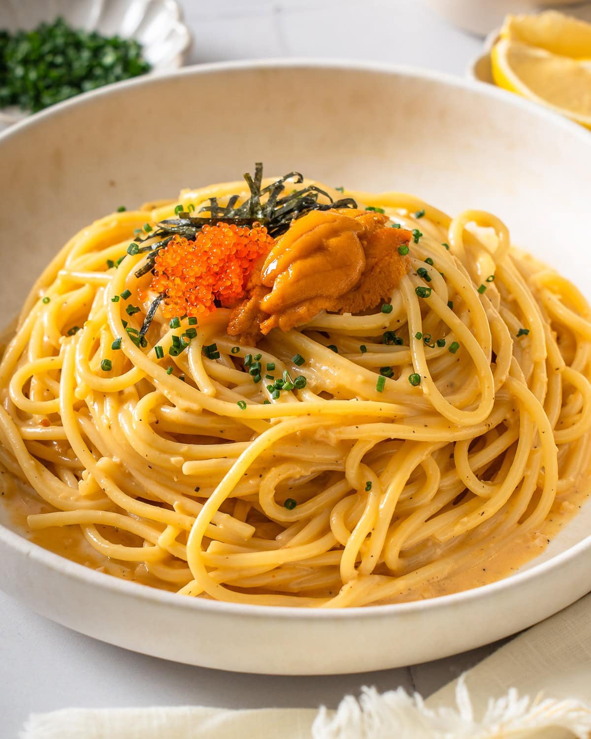 Uni pasta crowned with sea urchin and tobiko