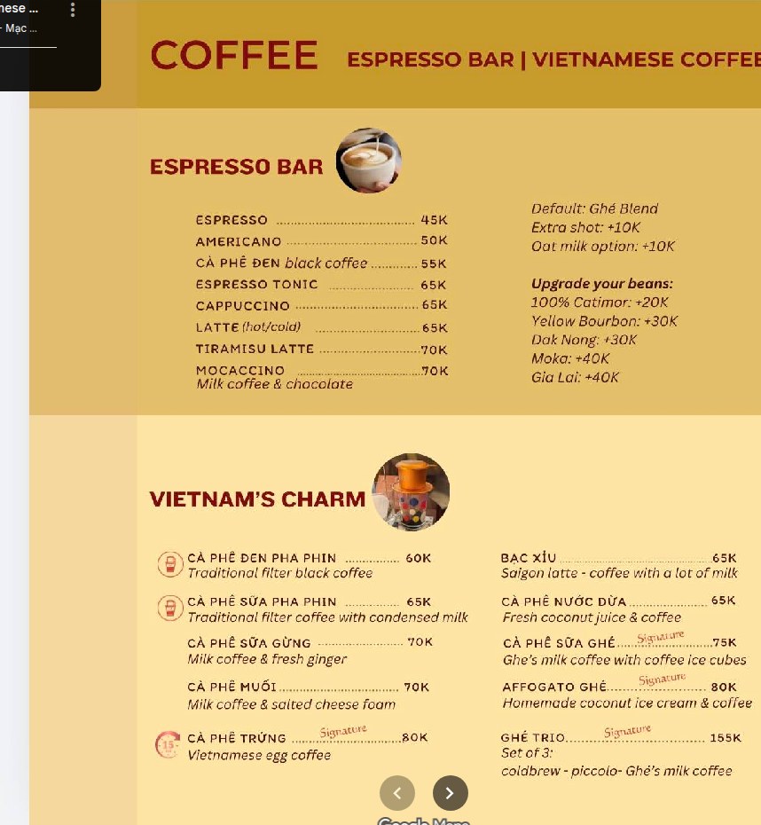 Bảng menu tại quán Ghé