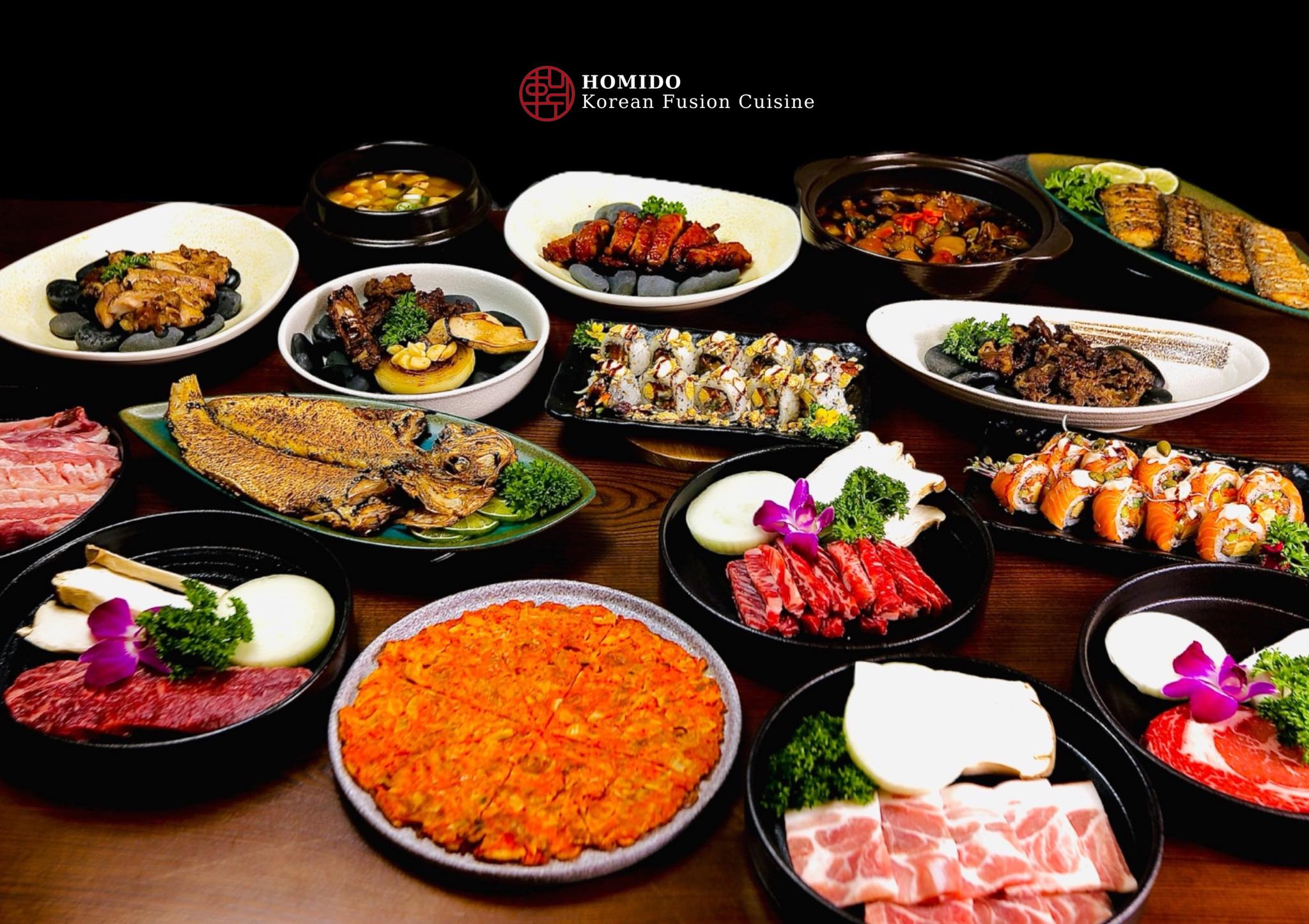 가게 퓨전 한 상: 구이, 김치전, 김치찌개