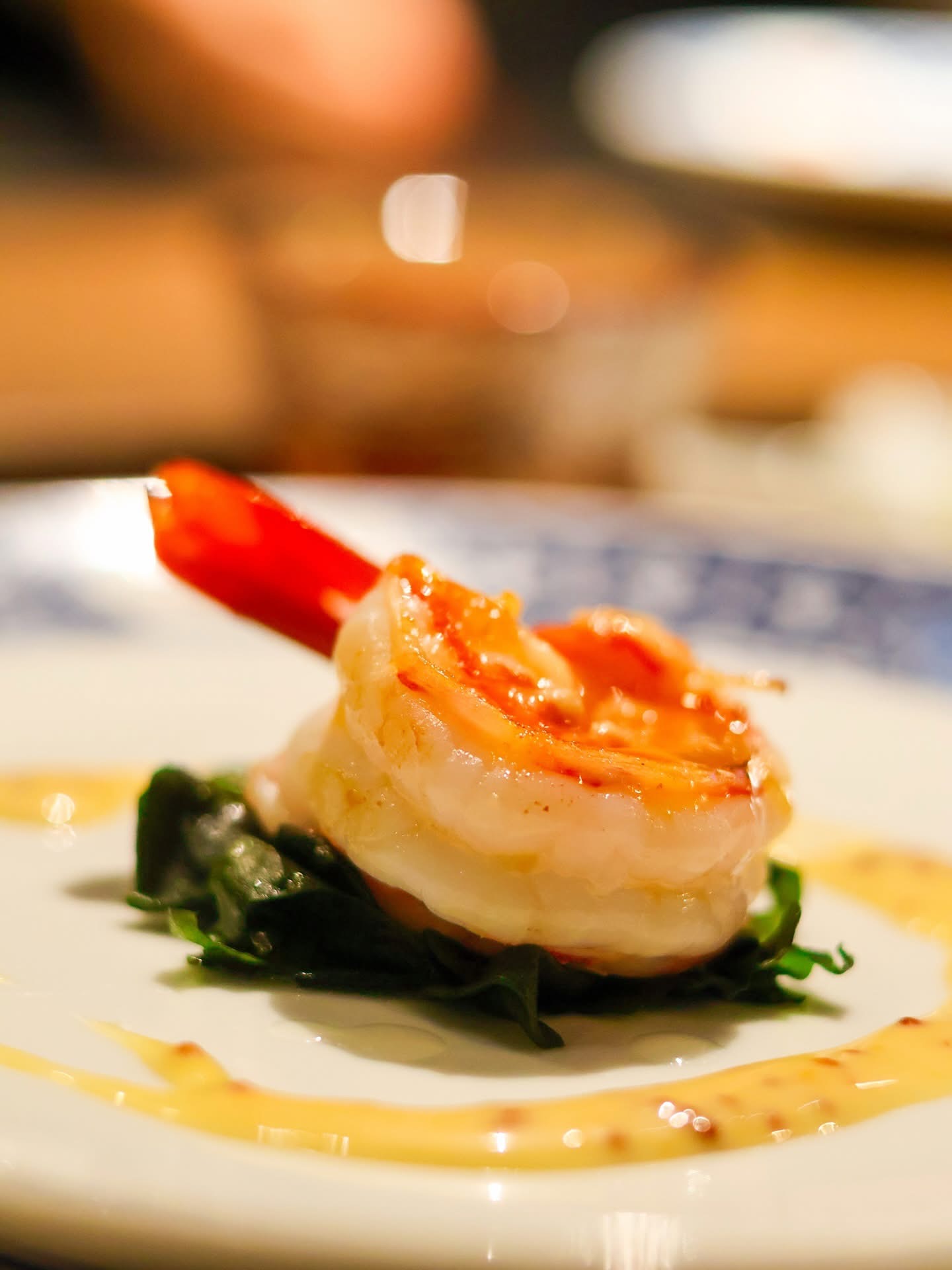 Teppan-seared shrimp — the iron plate up close