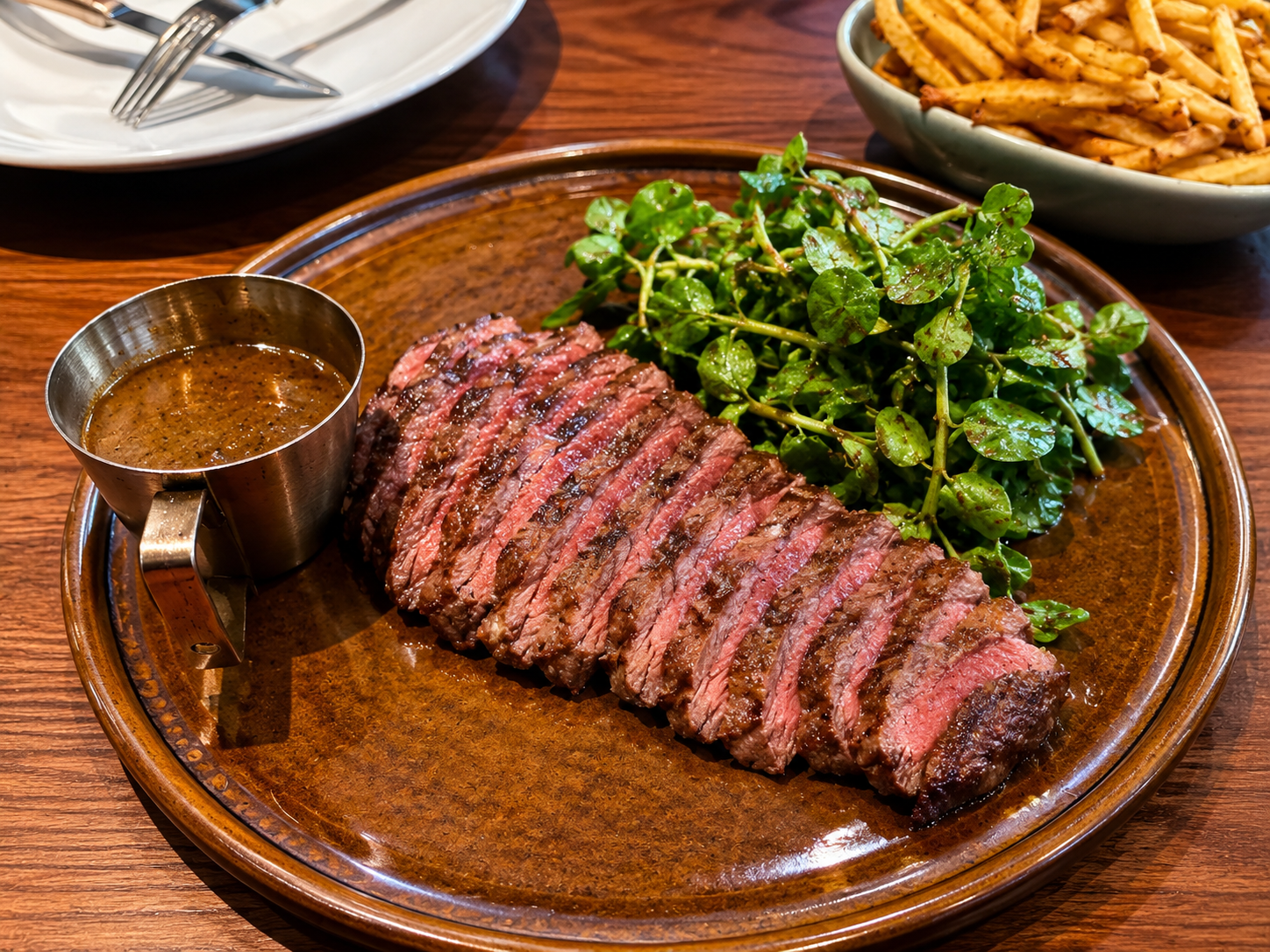 The signature single course: sirloin, the secret sauce, greens and frites