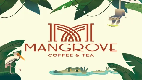 맹그로브 숲 일러스트가 담긴 Mangrove Coffee & Tea 로고