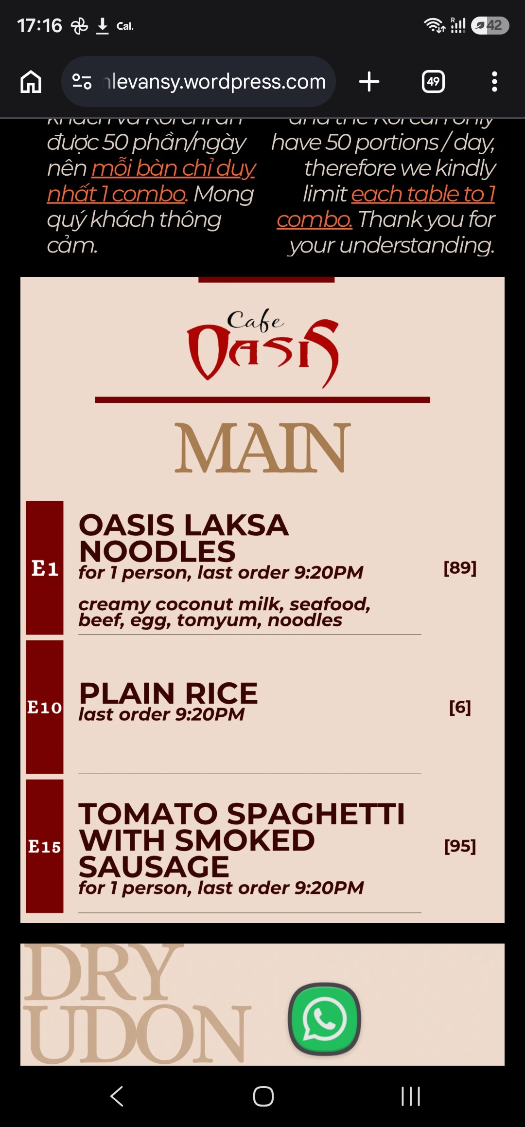 Bảng menu mì Laksa và cơm, tháng 8/2026