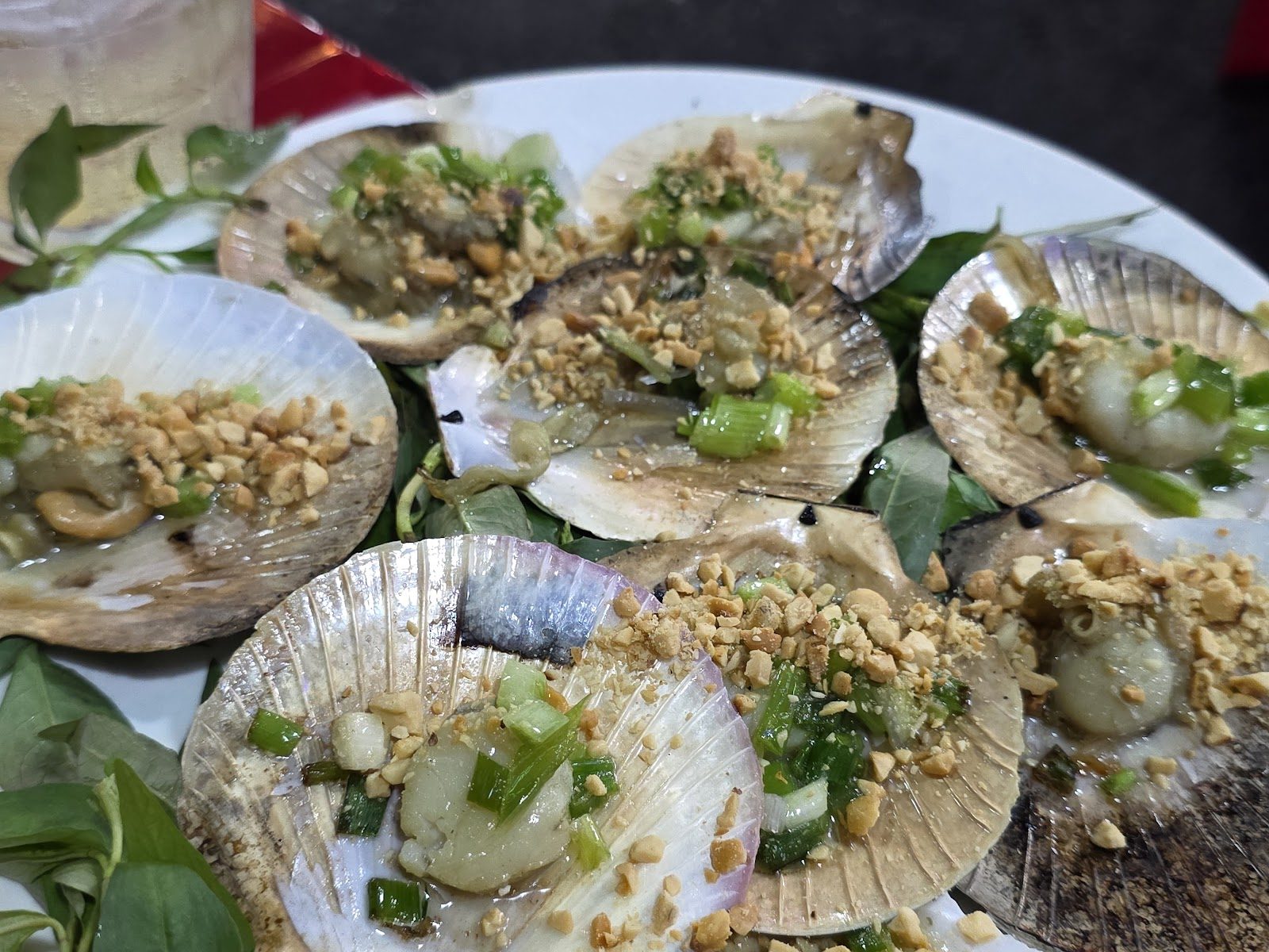 Grilled scallops with scallion oil and peanuts.