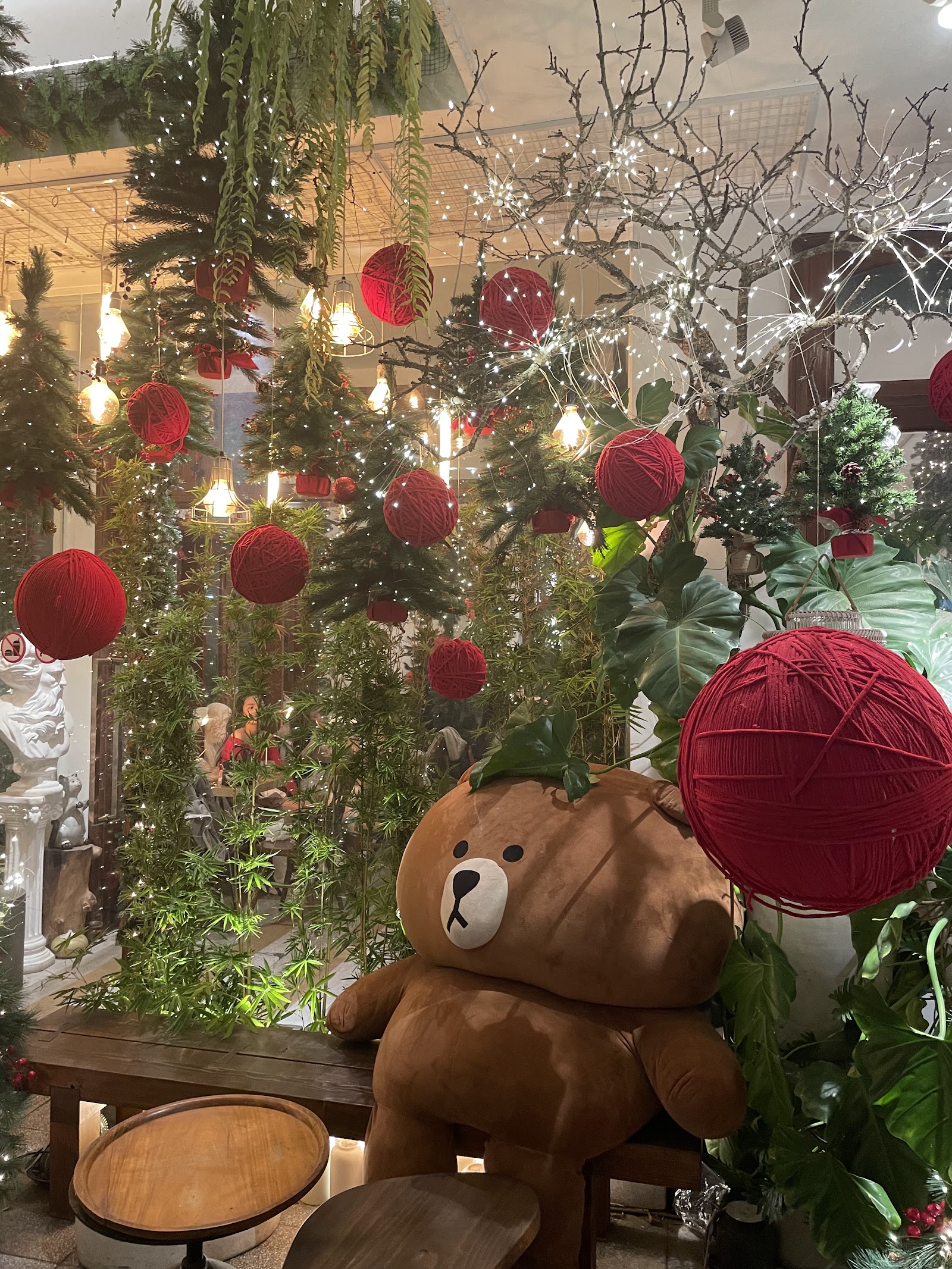 A garden nook with festive lights