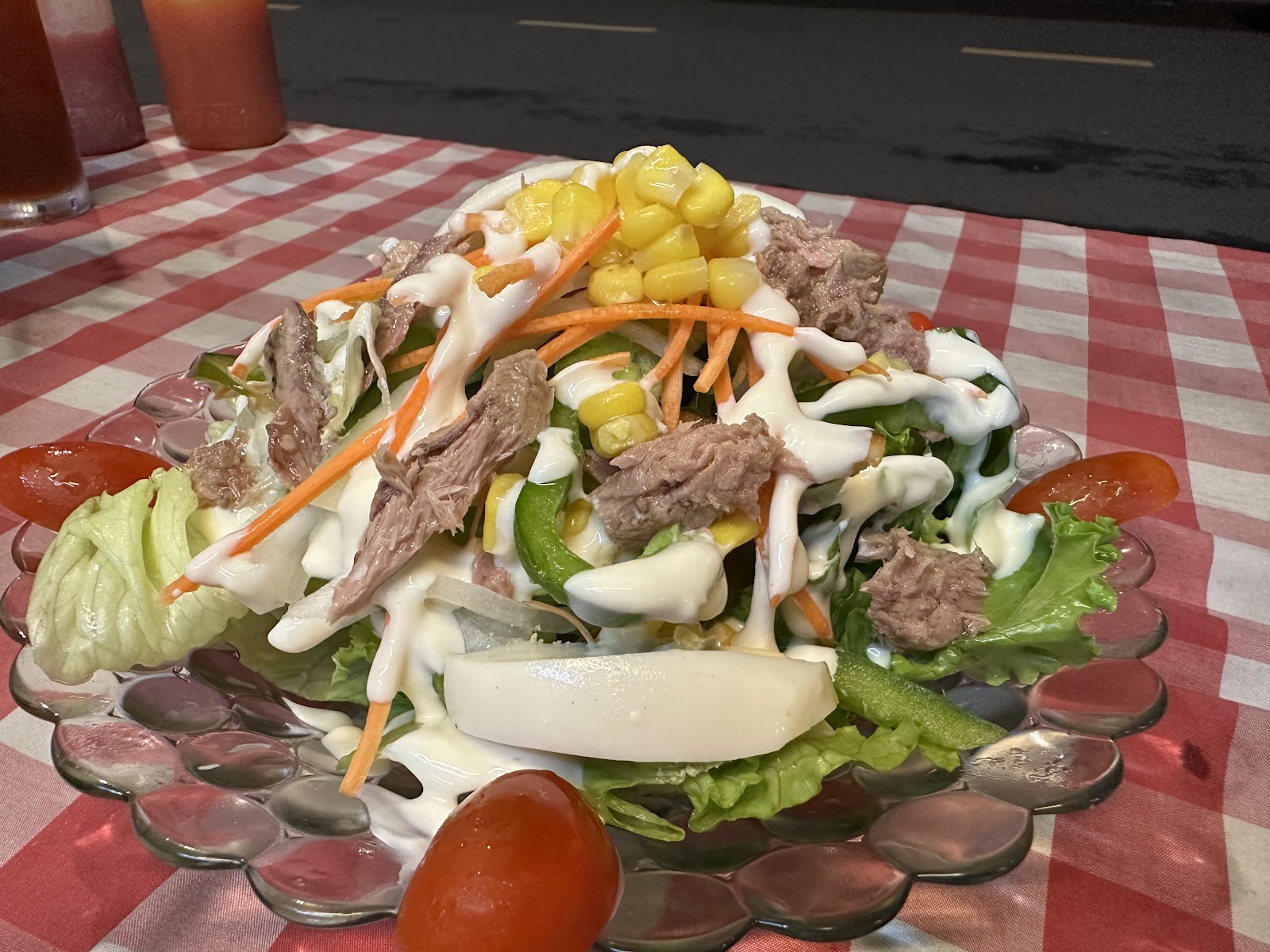 Tuna salad with corn, carrots and egg