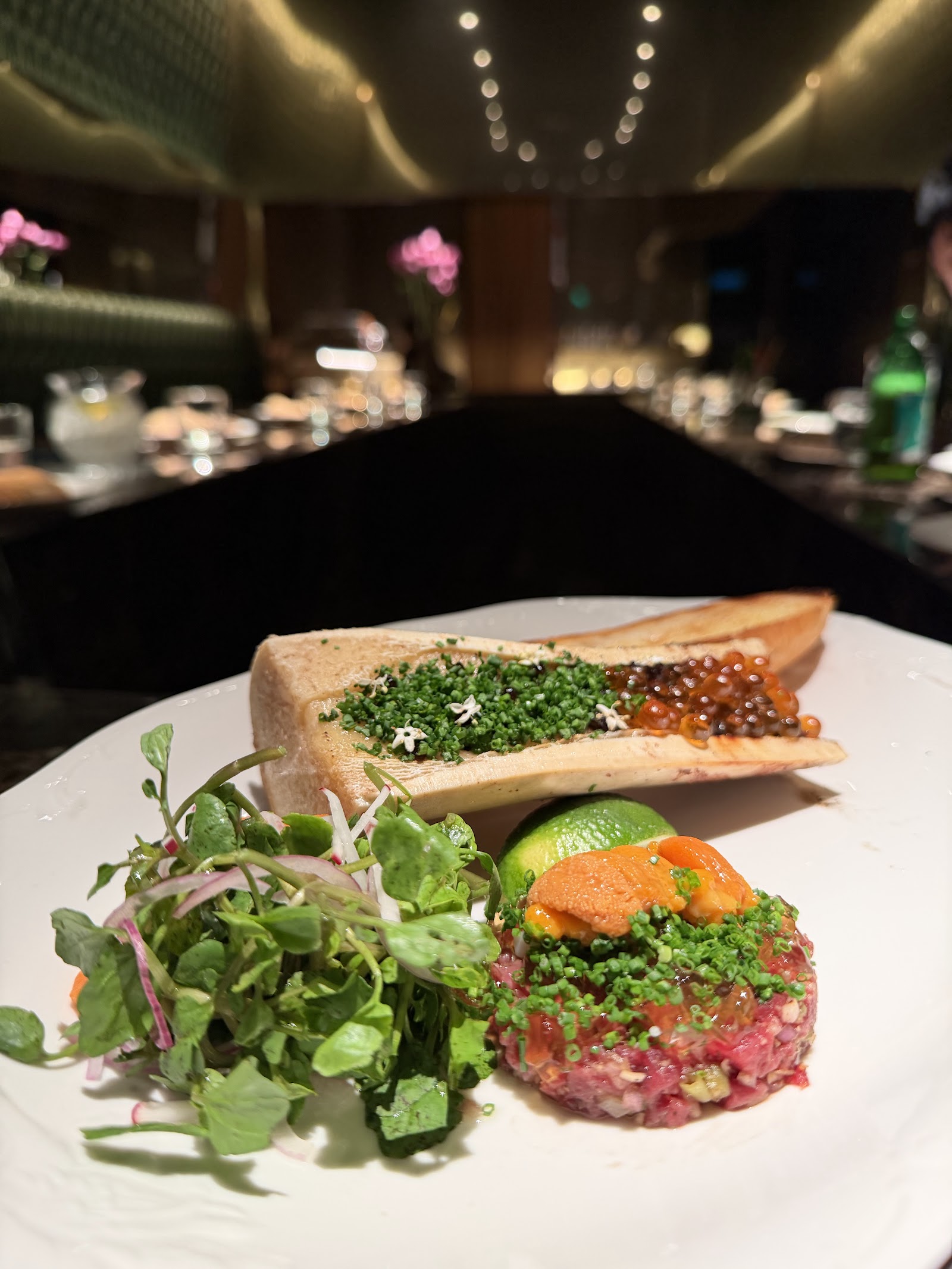 Roasted bone marrow and beef tartare with uni