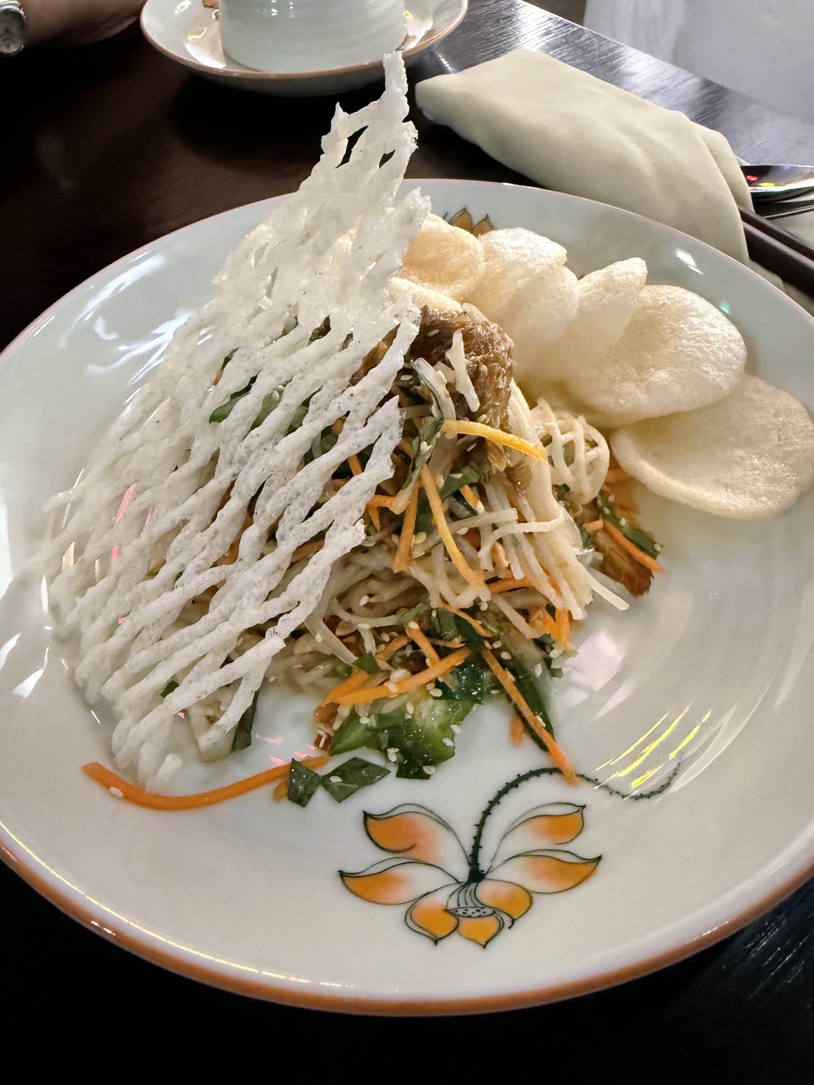 Cassava salad in a crisp fried rice-cracker nest