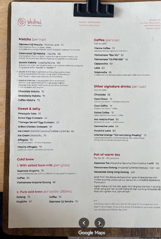 Bảng menu của quán Shibui Concept