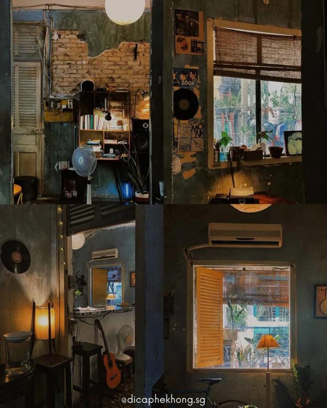 띵스 카페 — 드러난 벽돌, 바이닐 레코드와 오래된 목재 소품