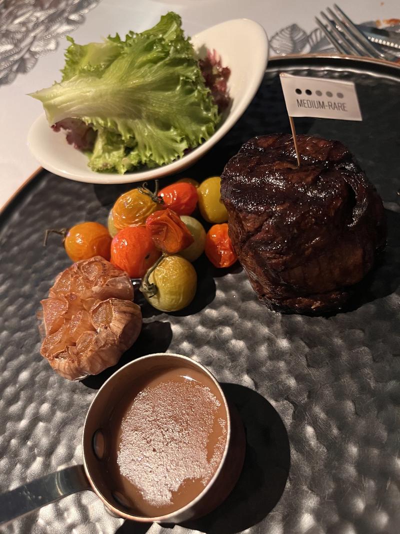 Medium-rare steak with doneness flag
