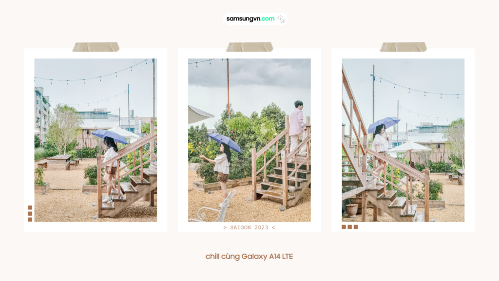 Cầu thang gỗ lên mái quán