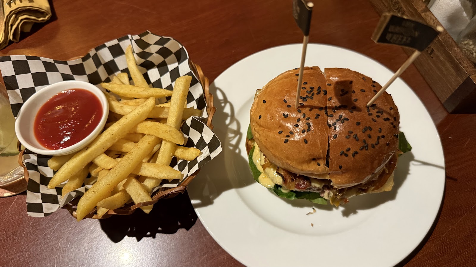 A spread of burgers and American plates