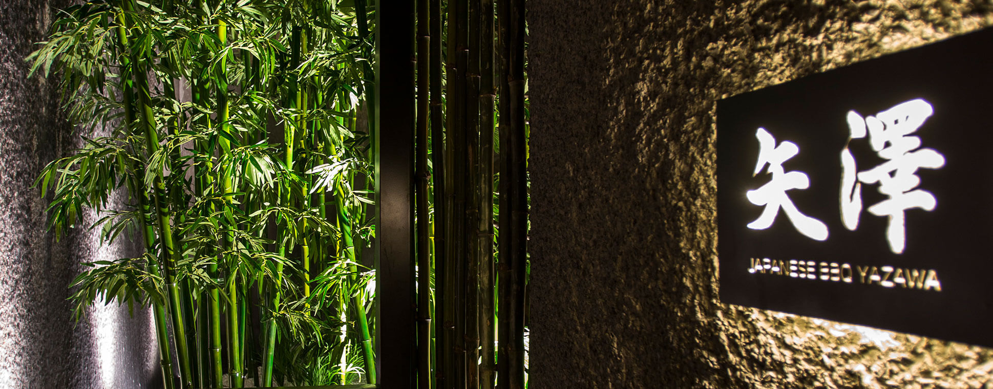 The glowing 矢澤 sign on the stone wall, beside the lit bamboo grove