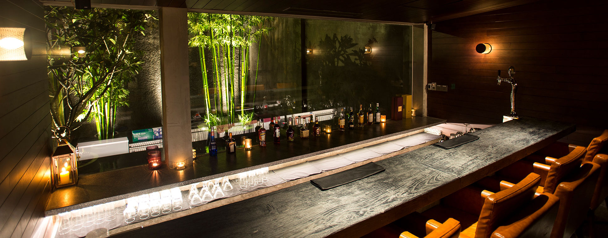 Dark-wood bar, backlit glassware shelf, bamboo garden behind glass