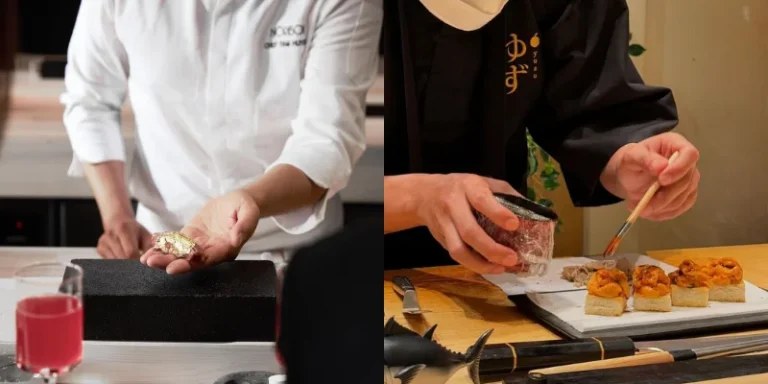 카운터에서 니기리에 우니를 올리는 셰프